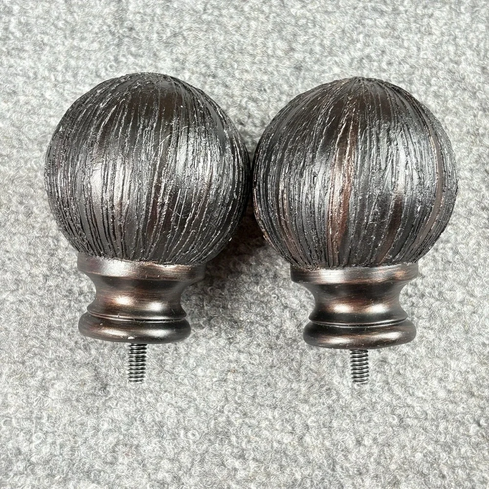 90s Ball-Shaped Curtain Rod Finials Pair of 2 Black‎ Bronze Striated Texture VTG